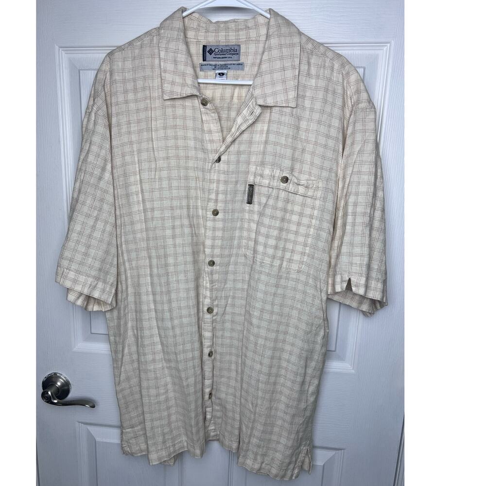 Columbia Button Up Short Sleeve Chest Pocket Linen Blend Beige, Tan Size XL